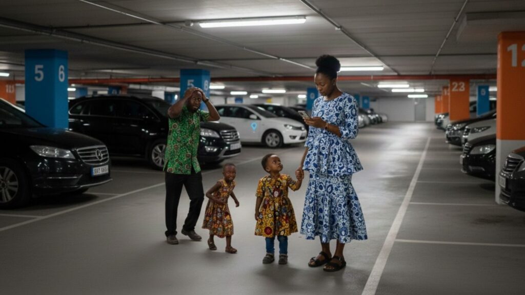 A Kenyan family in a parking garage locating their car using a mobile phone, illustrating the importance of GPS car tracking in Kenya for safety and peace of mind
