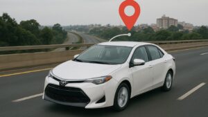 Toyota sedan with GPS tracking driving on the Highway in Kenya, showing real-time vehicle tracking.