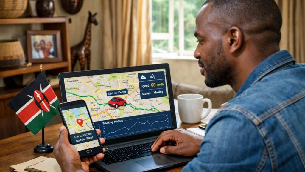A man in Kenya monitoring real-time car tracking on a laptop and smartphone, showing vehicle location, speed, and movement status on a digital map
